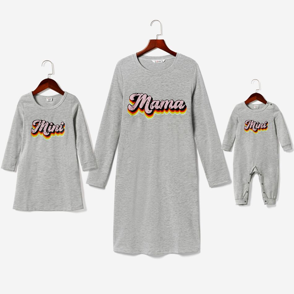 Letter Print Grey Long-sleeve Casual Above the Knee Dress for Mom and Me Grey