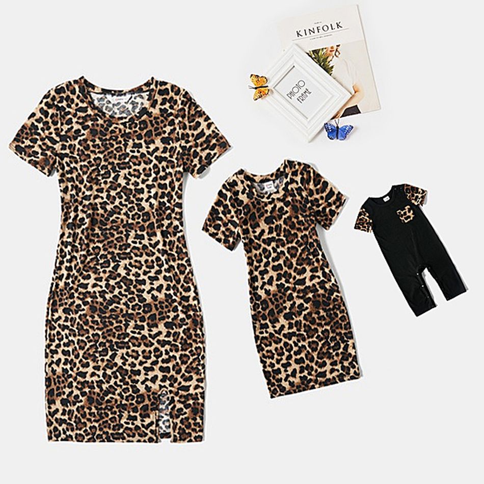 Leopard Short-sleeve Bodycon Split Dress for Mom and Me Brown