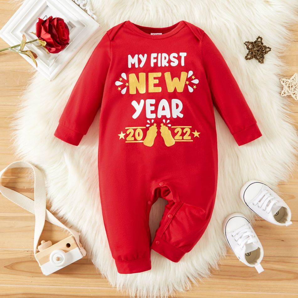 New Year Letter and Number Print Red Baby/Girl Long-sleeve Jumpsuit Red