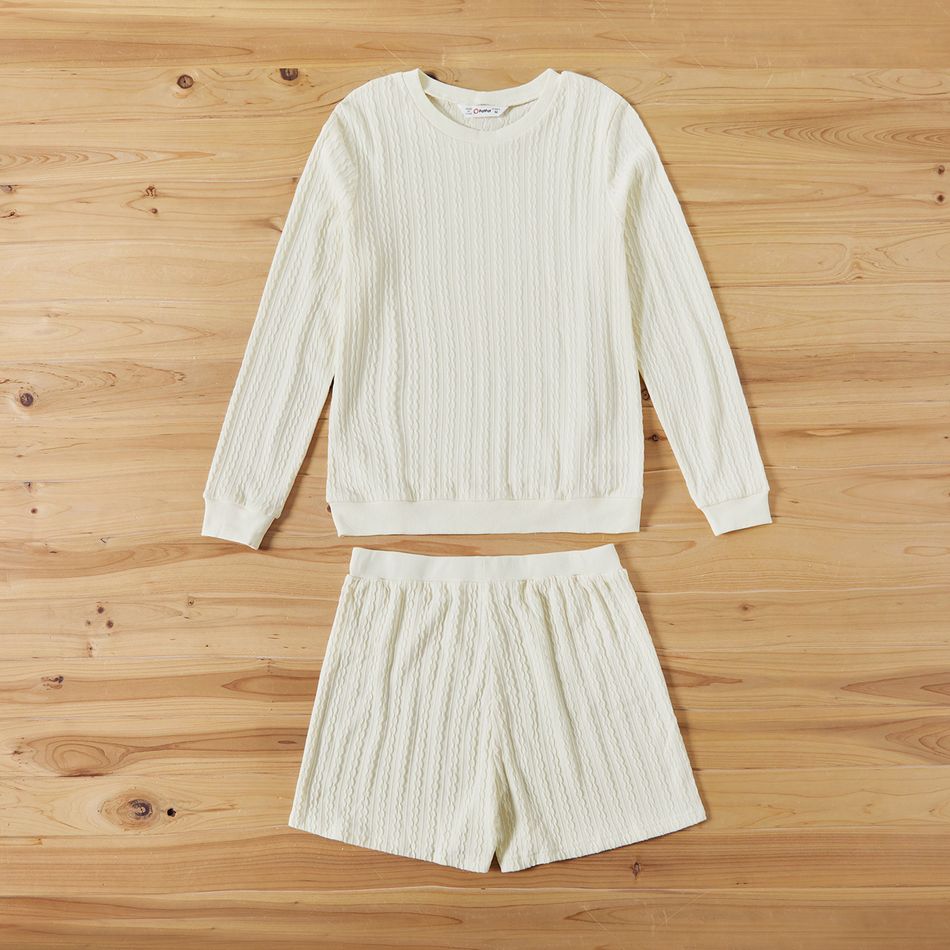 White Cable Knit Long-sleeve Crewneck Sweatshirts with Shorts for Mom and Me White big image 10