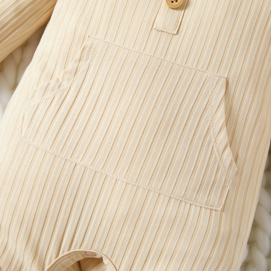 Baby Boy/Girl Solid Ribbed Long-sleeve Jumpsuit with Pocket Apricot big image 3