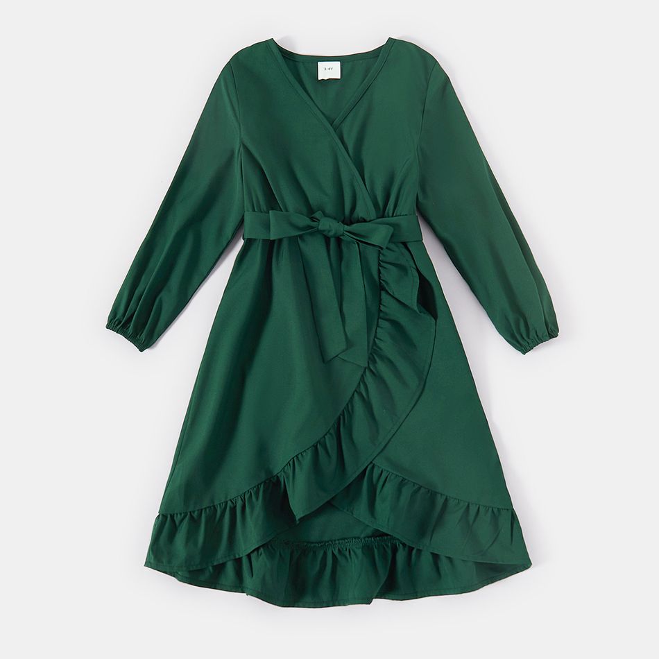 Family Matching Green V Neck Belted Long-sleeve Ruffle Wrap Dresses and Plaid Shirts Sets Green big image 3