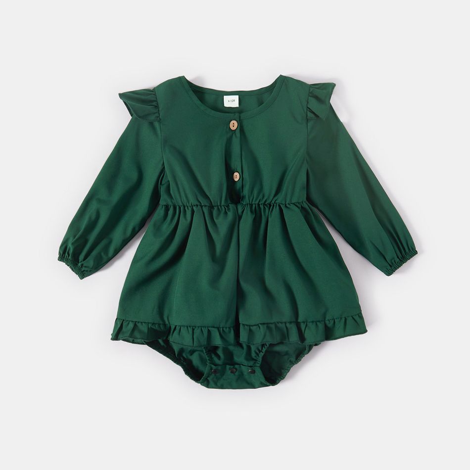 Family Matching Green V Neck Belted Long-sleeve Ruffle Wrap Dresses and Plaid Shirts Sets Green big image 8