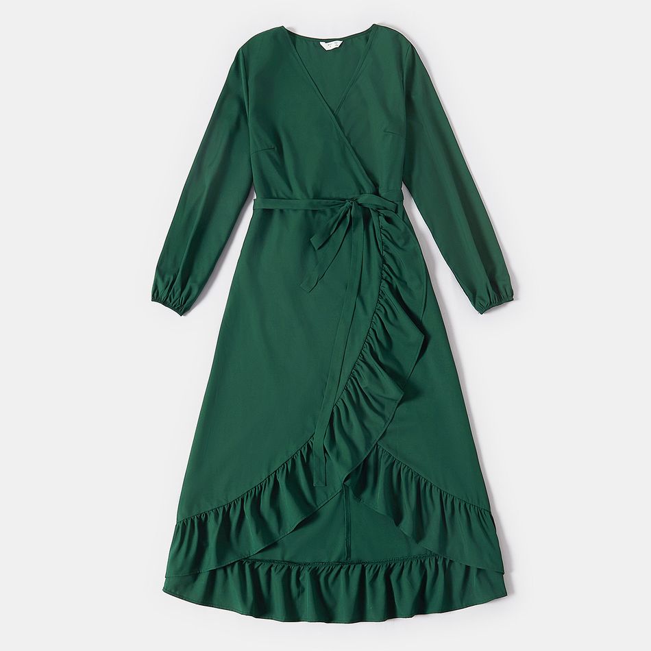 Family Matching Green V Neck Belted Long-sleeve Ruffle Wrap Dresses and Plaid Shirts Sets Green big image 2