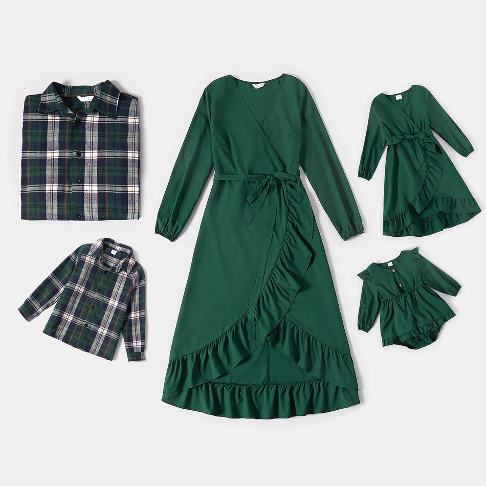 Family Matching Green V Neck Belted Long-sleeve Ruffle Wrap Dresses and Plaid Shirts Sets Green