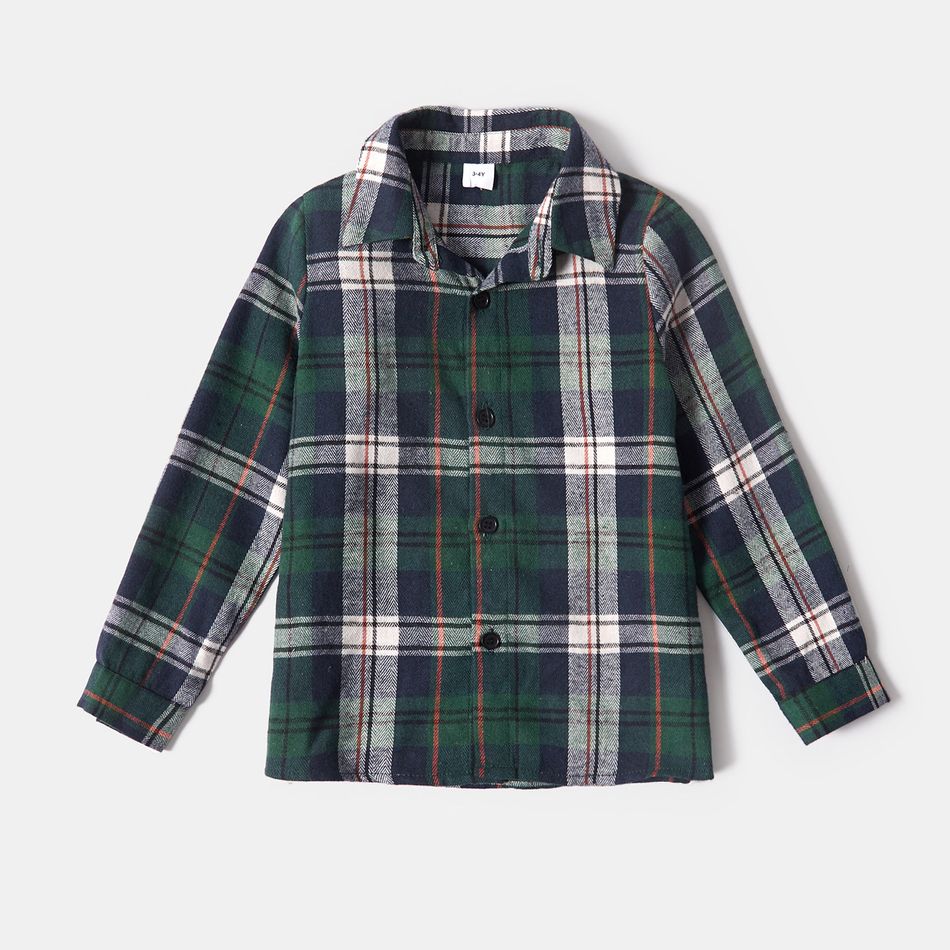 Family Matching Green V Neck Belted Long-sleeve Ruffle Wrap Dresses and Plaid Shirts Sets Green big image 15