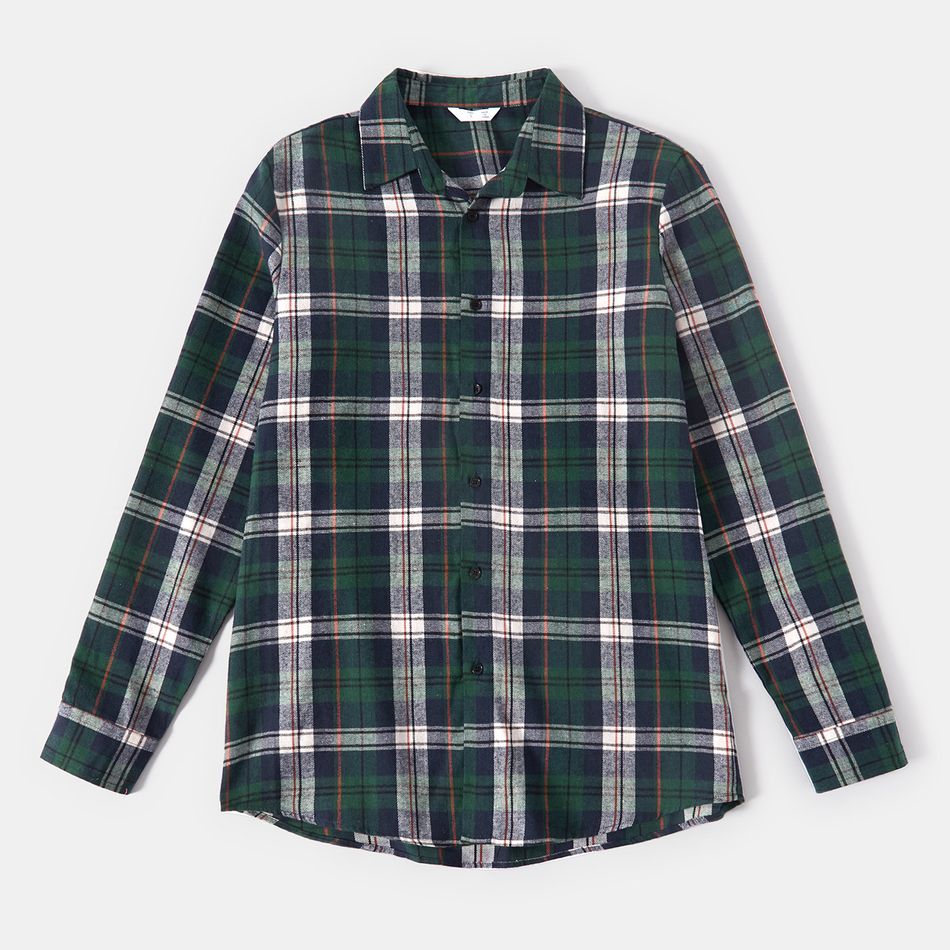 Family Matching Green V Neck Belted Long-sleeve Ruffle Wrap Dresses and Plaid Shirts Sets Green big image 11