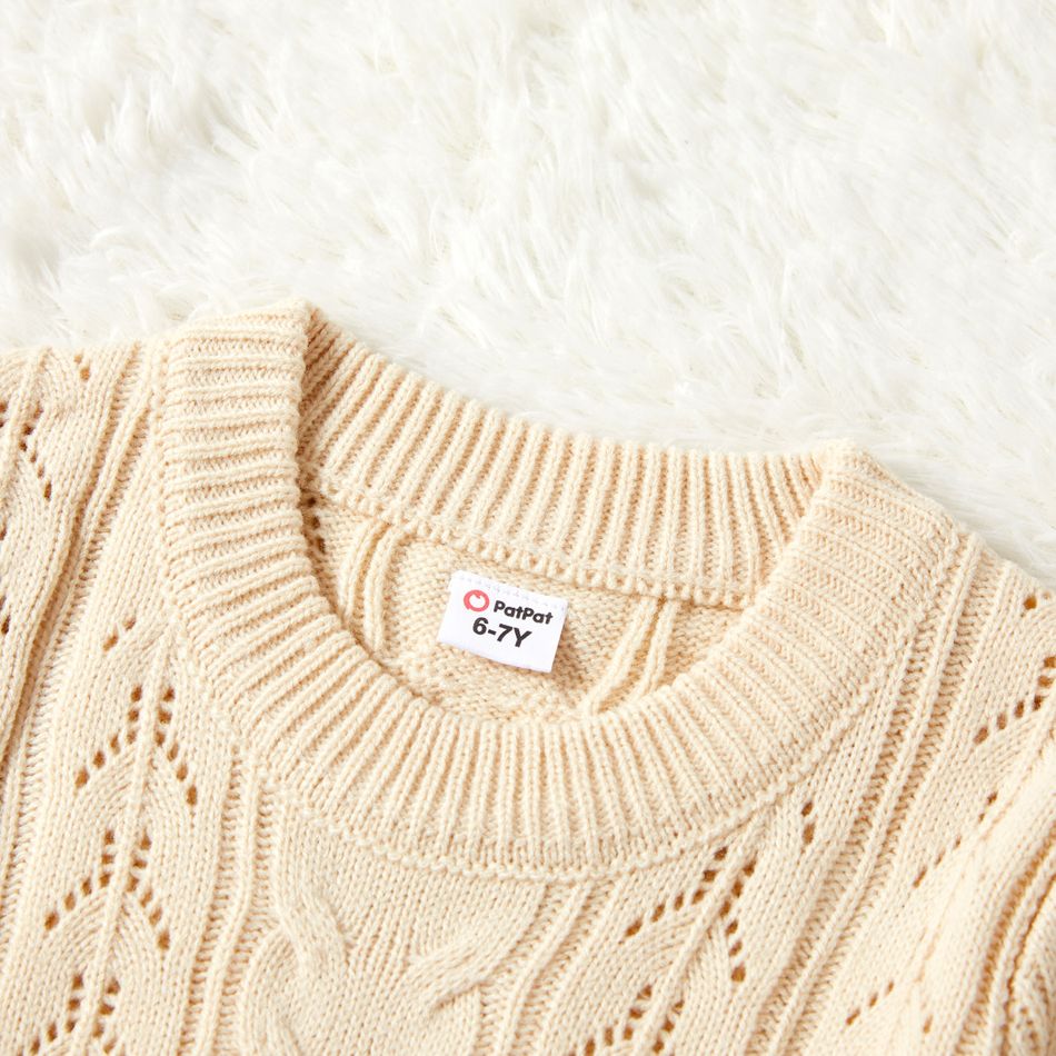 Kid Girl Solid Pointelle Knit Sweater Beige big image 3