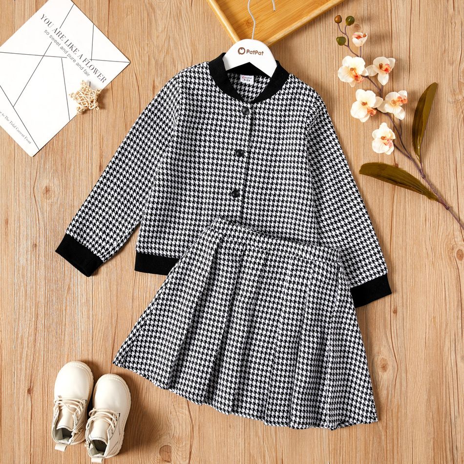 2-piece Kid Girl Houndstooth Button Design Jacket and Pleated Skirt Set PLAID