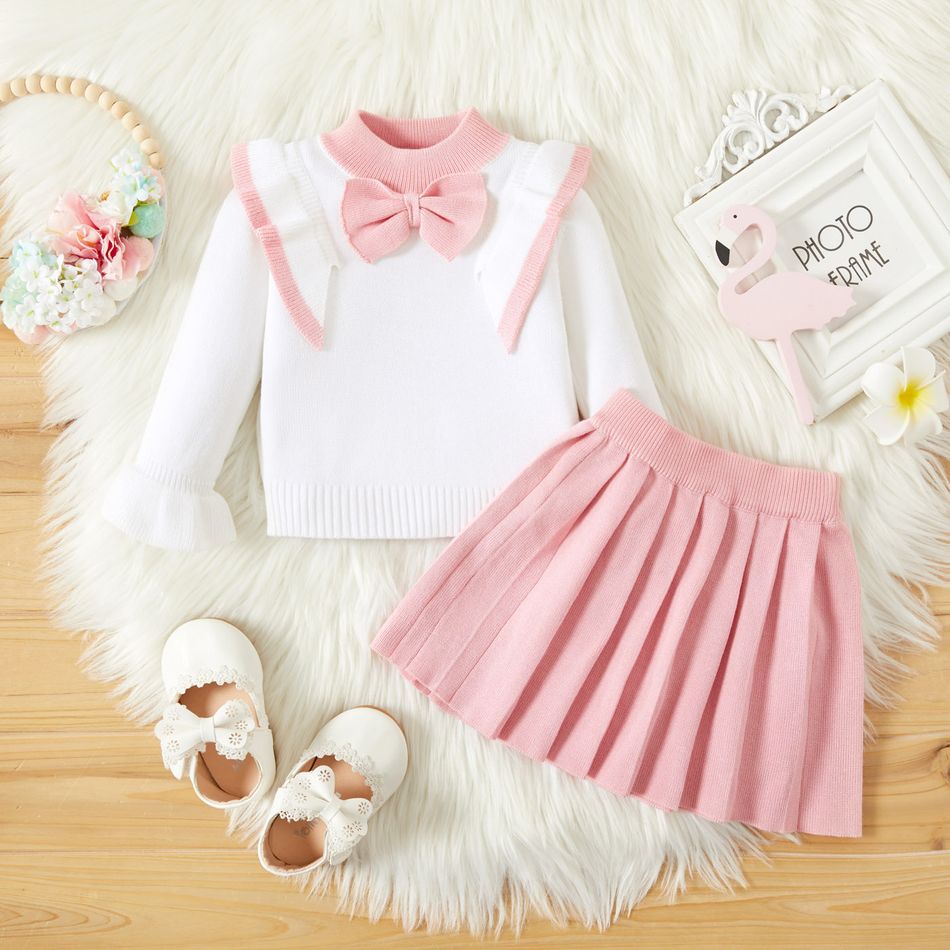 2pcs Baby Pink Bowknot Ruffle Long-sleeve Knitted Sweater and Pleated Skirt Set Pink big image 2