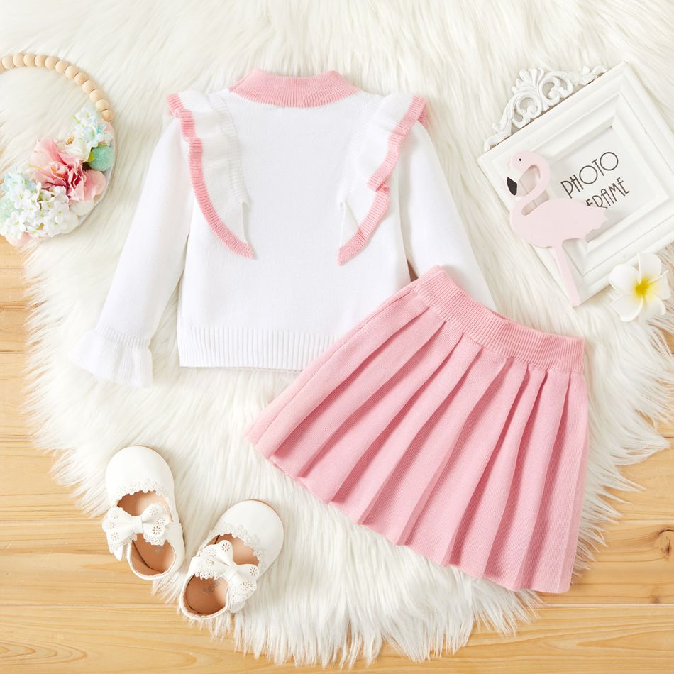 2pcs Baby Pink Bowknot Ruffle Long-sleeve Knitted Sweater and Pleated Skirt Set Pink big image 3