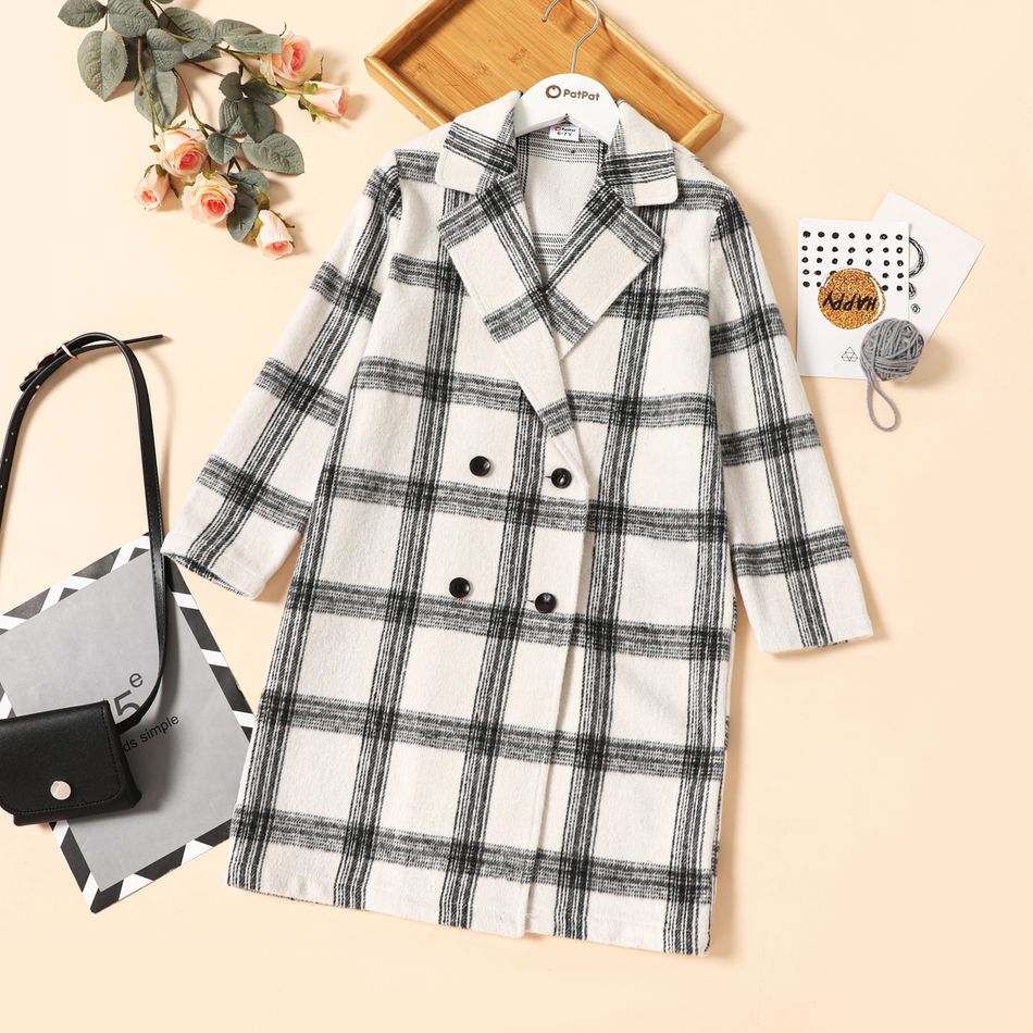 Kid Girl Casual Plaid Double Breasted Plaid Trench Coat Black/White