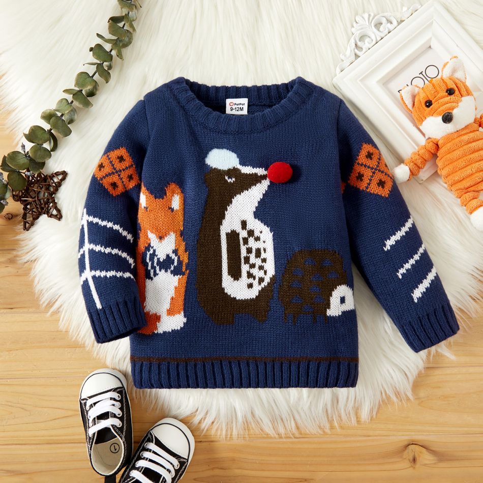 Baby Boy Cartoon Animal Pattern Dark Blue Long-sleeve Knitted Sweater Deep Blue