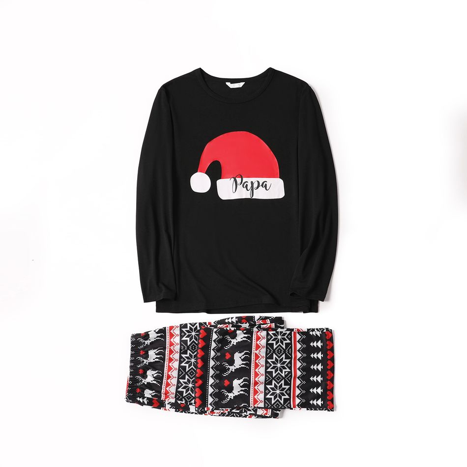 Christmas Hat and Letter Print Black Family Matching Long-sleeve Pajamas Sets (Flame Resistant) Black big image 2