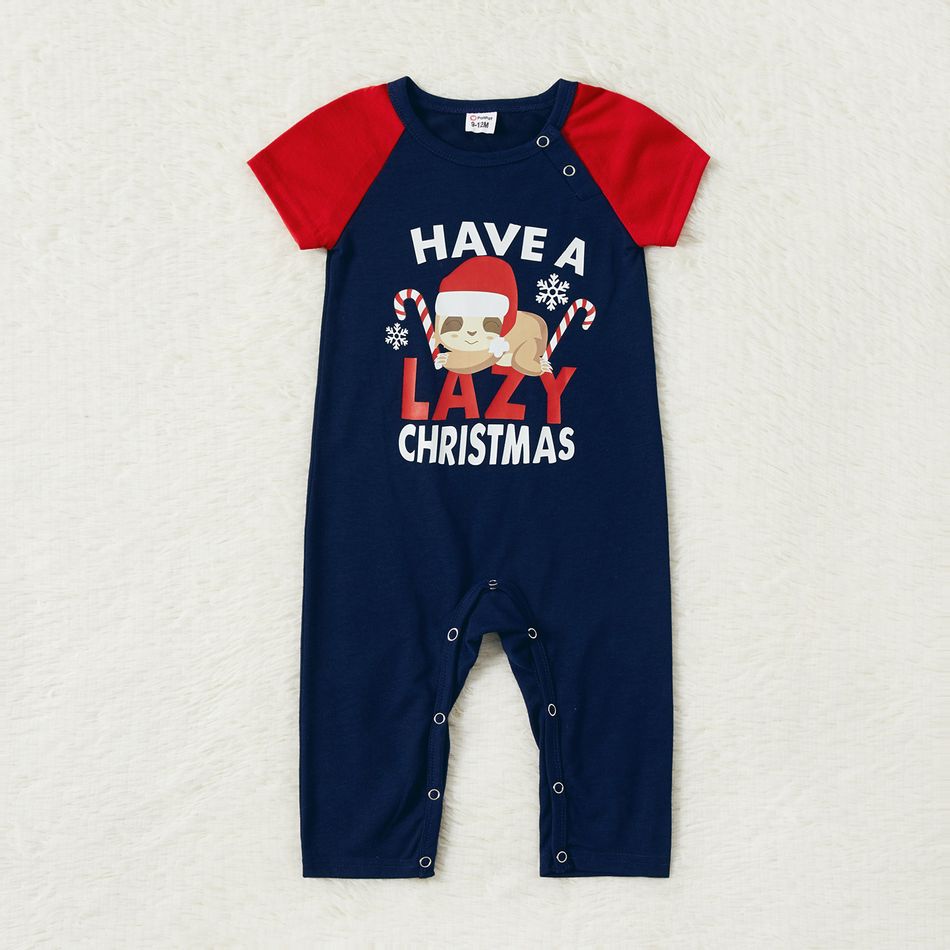 Christmas Sloth and Letter Print Family Matching Red Raglan Short-sleeve Pajamas Sets (Flame Resistant) Royal Blue big image 10