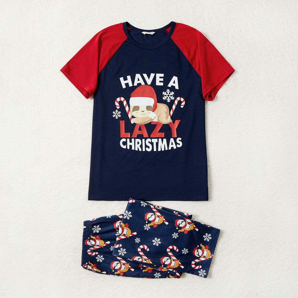 Christmas Sloth and Letter Print Family Matching Red Raglan Short-sleeve Pajamas Sets (Flame Resistant) Royal Blue big image 2