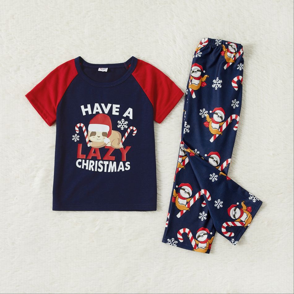 Christmas Sloth and Letter Print Family Matching Red Raglan Short-sleeve Pajamas Sets (Flame Resistant) Royal Blue big image 7