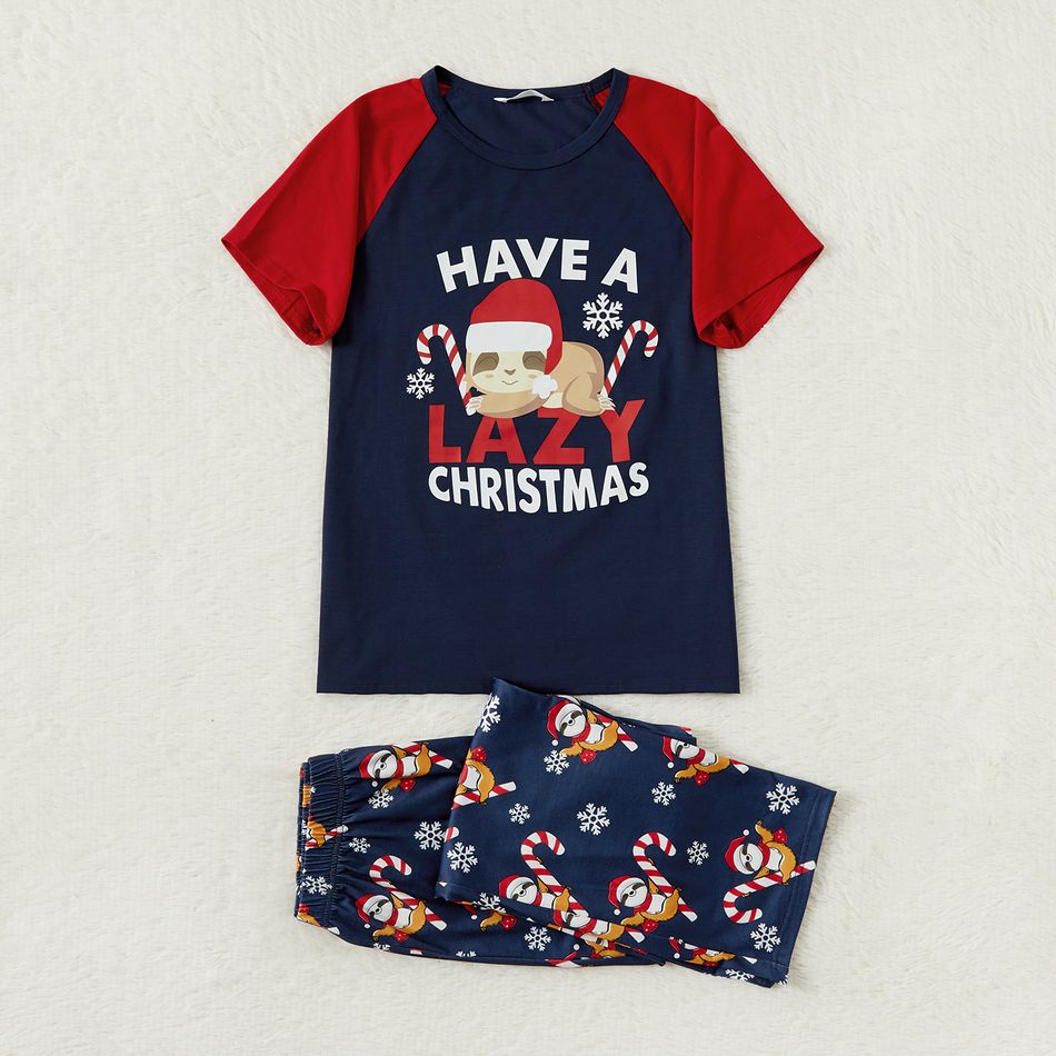 Christmas Sloth and Letter Print Family Matching Red Raglan Short-sleeve Pajamas Sets (Flame Resistant) Royal Blue big image 4