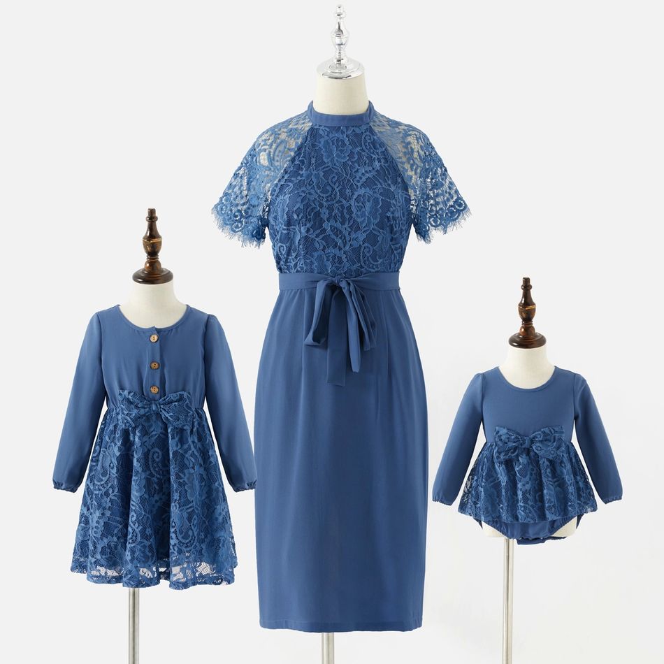 Blue Lace Splicing Round Neck Short-sleeve Party Dress for Mom and Me Royal Blue