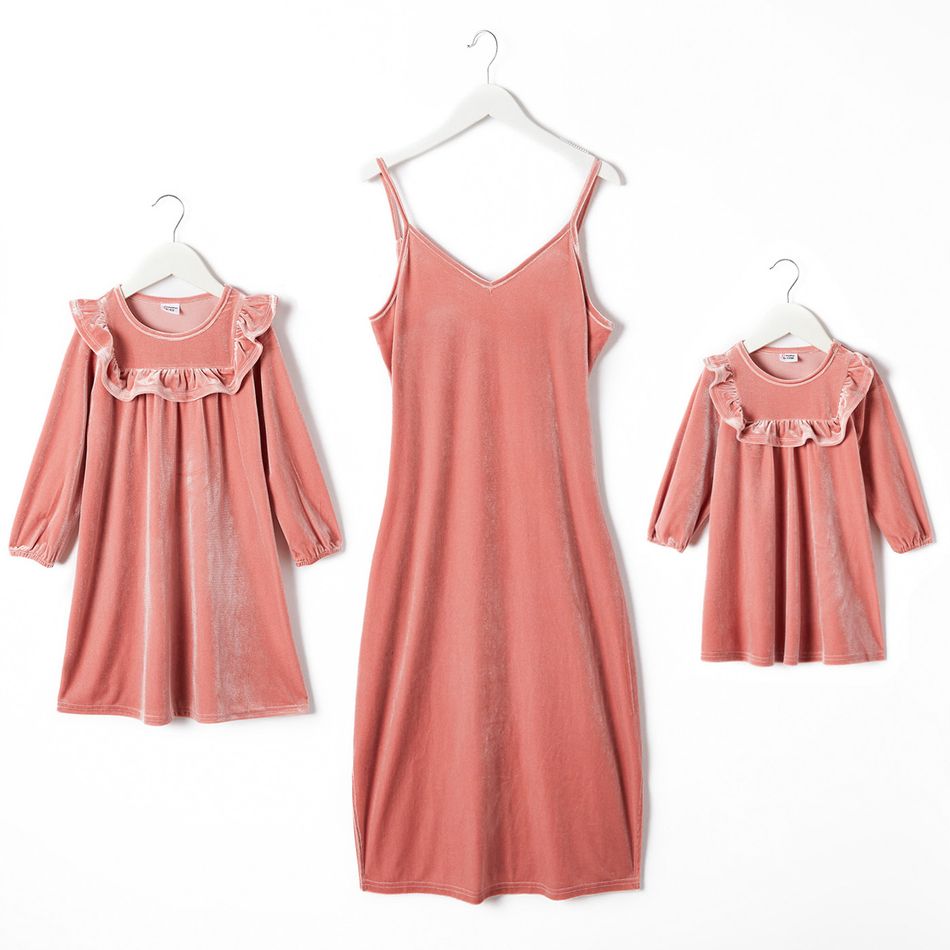 Pink Velvet V Neck Sleeveless Cami Dress for Mom and Me Pink