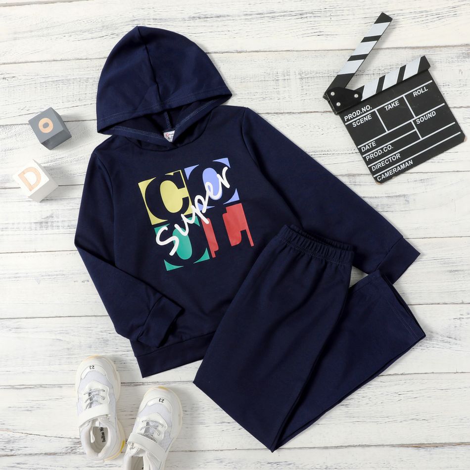 2-piece Kid Boy Letter Print Hoodie Sweatshirt and Blue Pants Set Blue