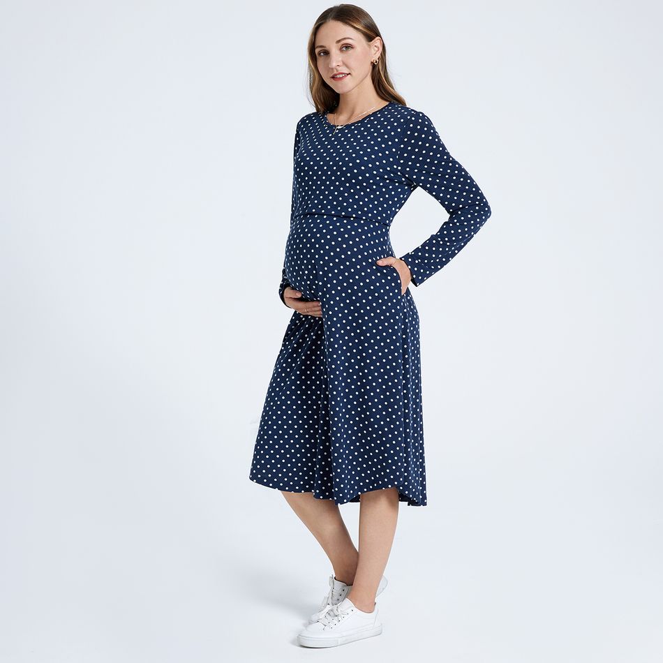 Nursing Polka Dots Print Round-collar Long-sleeve Dress Dark Blue