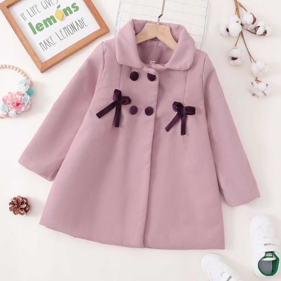 Kid Girl Bowknot Design Double Breasted Lapel Collar Thermal Overcoat Pink