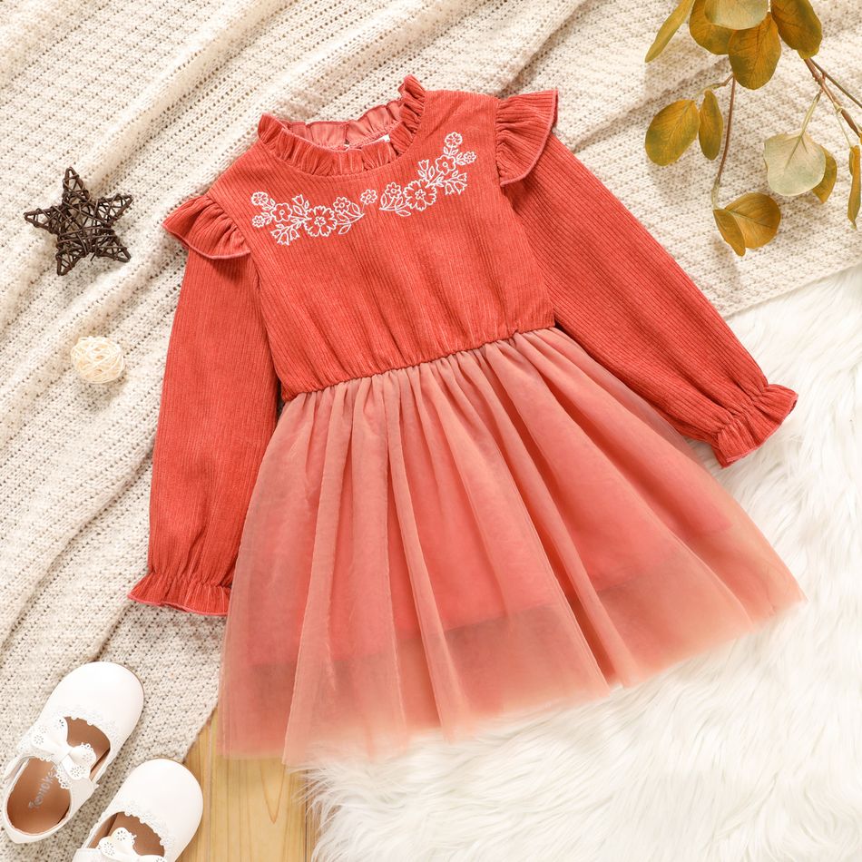 Toddler Girl Ruffle Collar Floral Embroidered Mesh Design Splice Long-sleeve Dress Orange