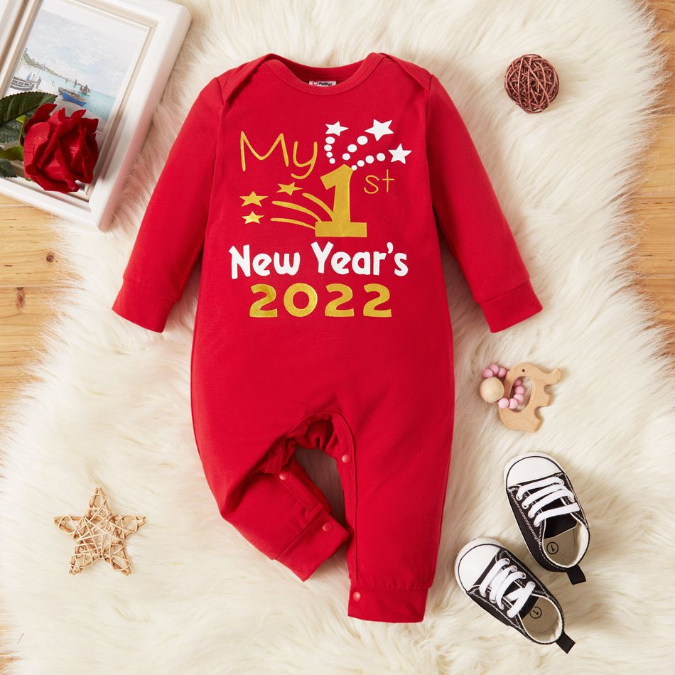 Christmas Baby Boy/Girl Letter Print Red Long-sleeve Jumpsuit Red