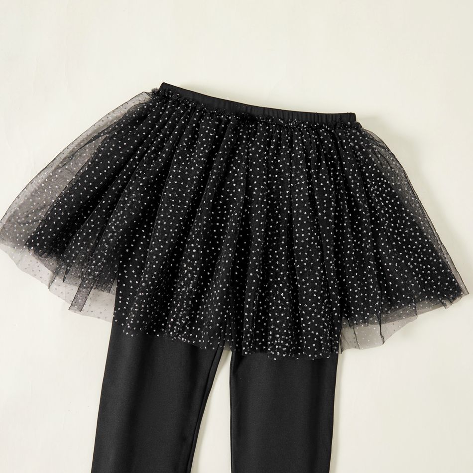 Kid Girl Dots Glitter Mesh Design Dancing Skirt Leggings Black big image 3