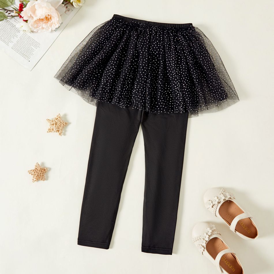 Kid Girl Dots Glitter Mesh Design Dancing Skirt Leggings Black big image 6
