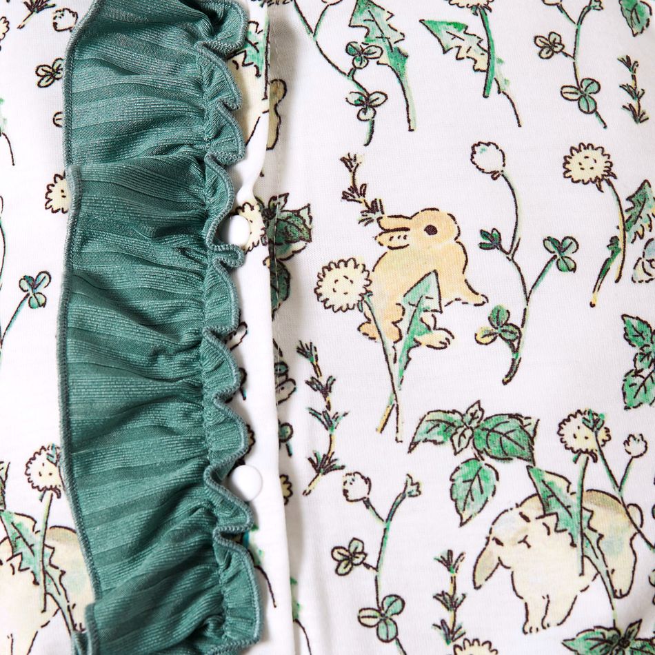 Easter 2pcs Baby Girl Ribbed Green/White Rabbit Print Long-sleeve Ruffle Jumpsuit Set White big image 4