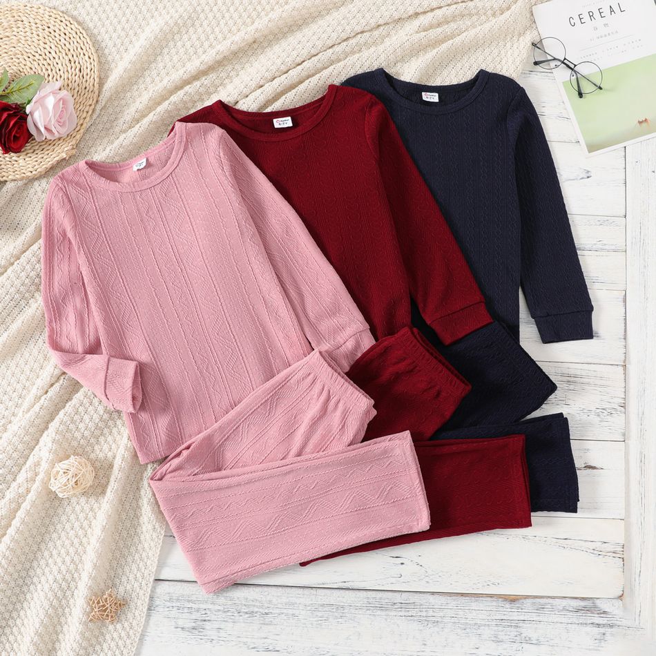 2-piece Kid Girl Casual Solid Color Cable Knit Textured Sweatshirt and Pants Set Pink