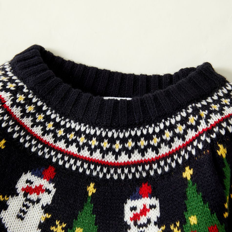 Christmas Tree and Snowman Pattern Black Baby Boy/Girl Long-sleeve Knitted Sweater Deep Blue big image 2