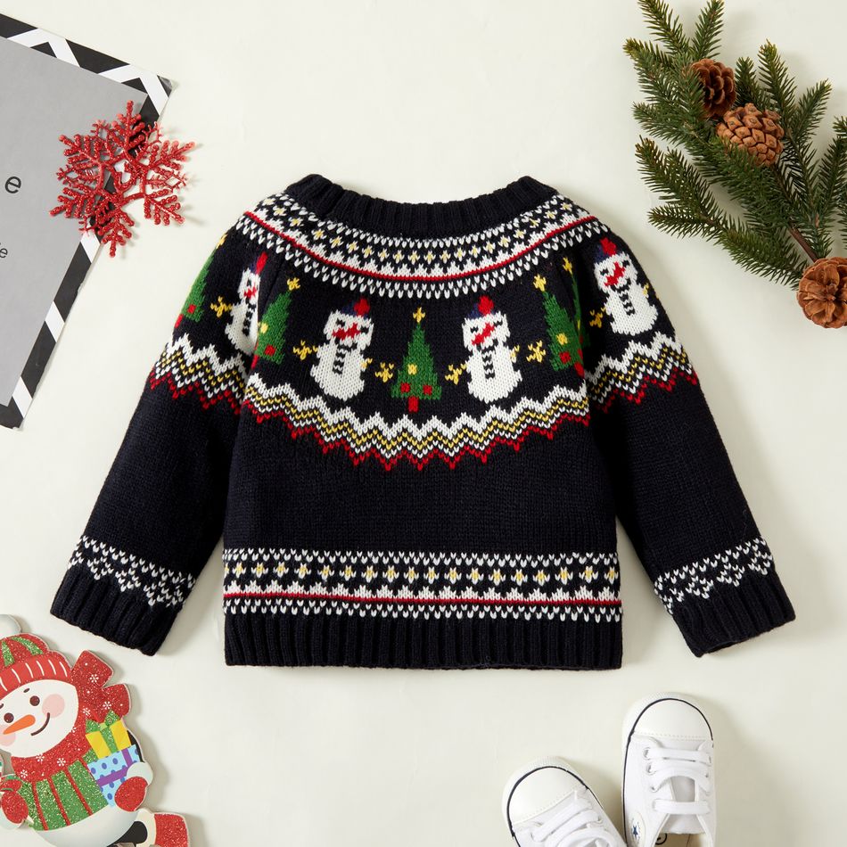 Christmas Tree and Snowman Pattern Black Baby Boy/Girl Long-sleeve Knitted Sweater Deep Blue
