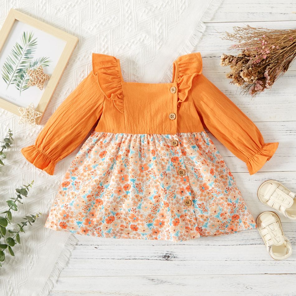 Baby Girl Square Neck Ruffle Long-sleeve Splicing Floral Print Dress Color block