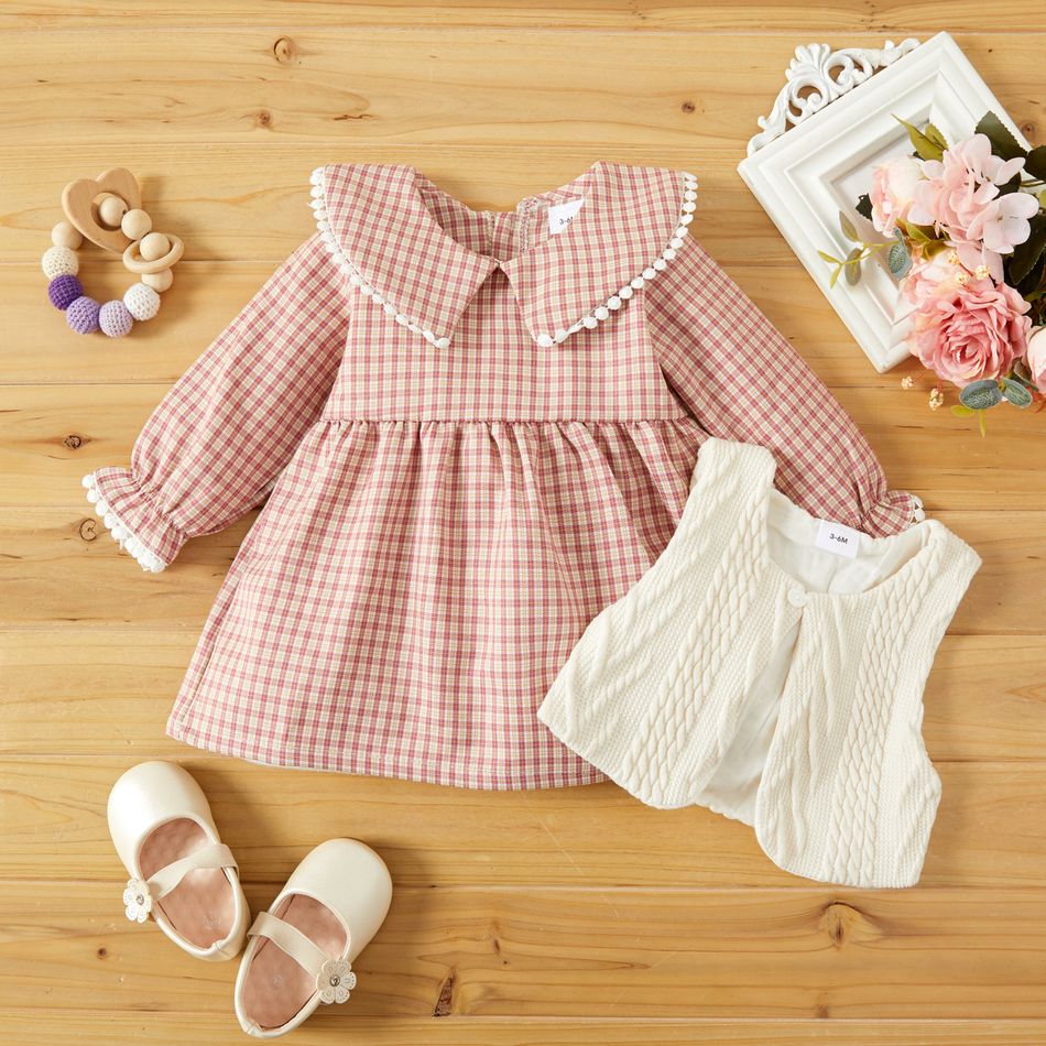 2pcs Baby Plaid Doll Collar Long-sleeve Dress and Knitted Vest Set Pink