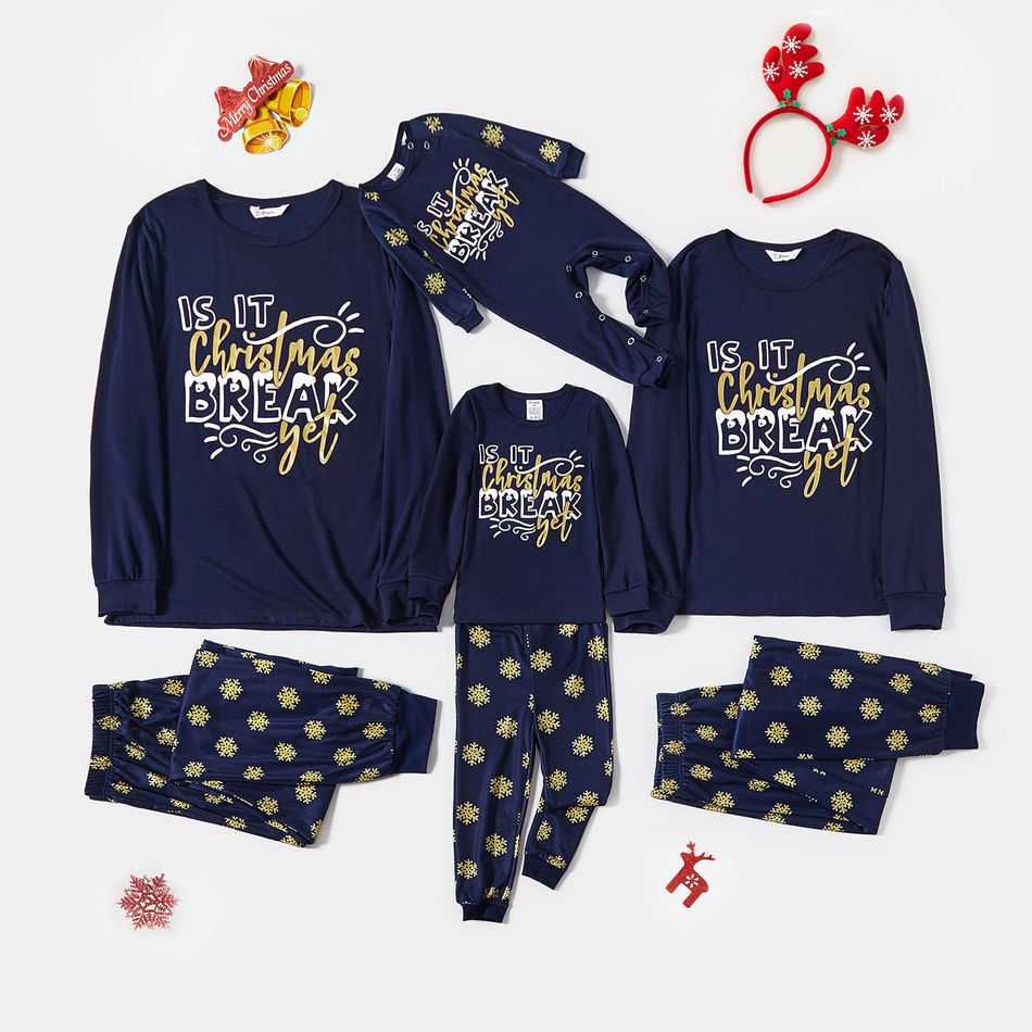 Christmas Letter and Snowflake Print Snug Fit Dark Blue Family Matching Long-sleeve Pajamas Sets (Flame Resistant) Dark Blue
