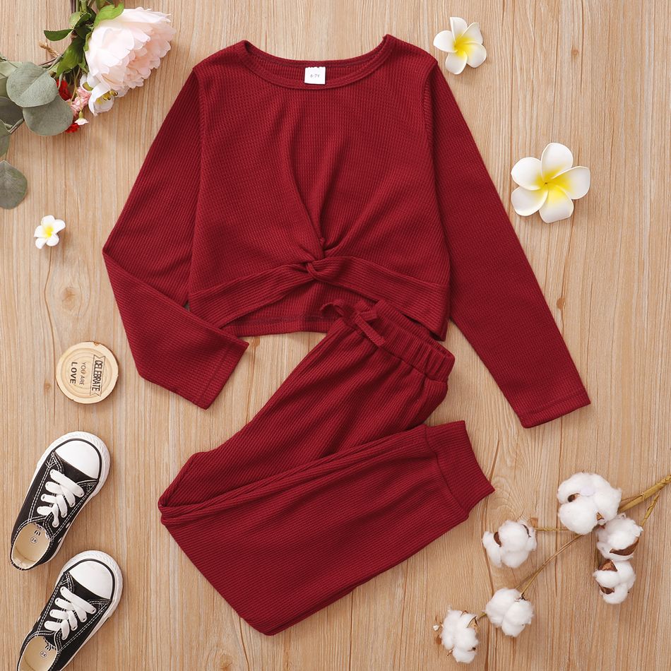 2-piece Kid Girl Twist Front Waffle Long-sleeve Top and Bowknot Design Solid Pants Set Burgundy