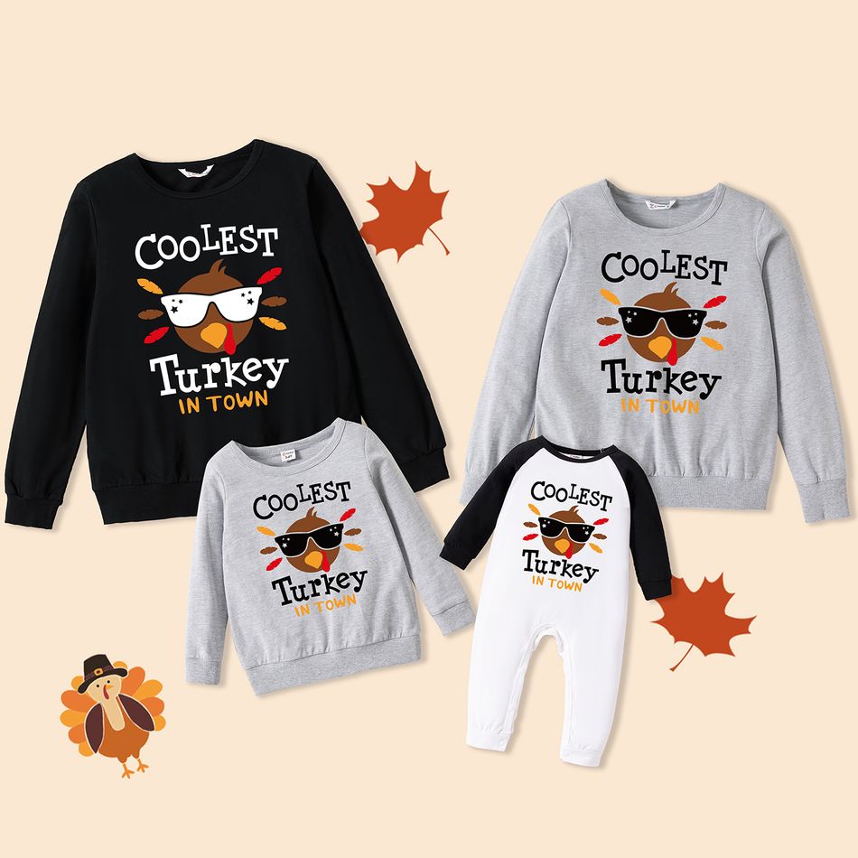 Thanksgiving Day Cartoon Turkey and Letter Print Family Matching Cotton Long-sleeve Sweatshirts Color block
