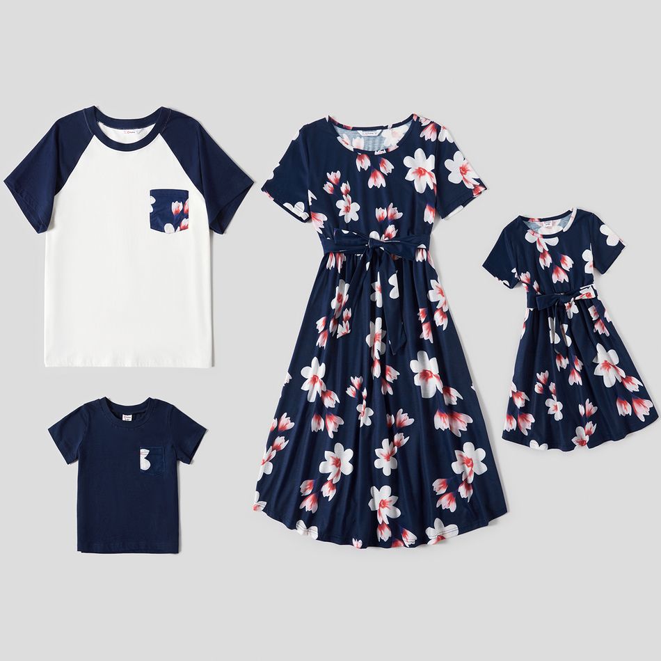 Family Matching All Floral Print Blue Round Neck Short-sleeve Belted Dresses and T-shirts Sets Royal Blue