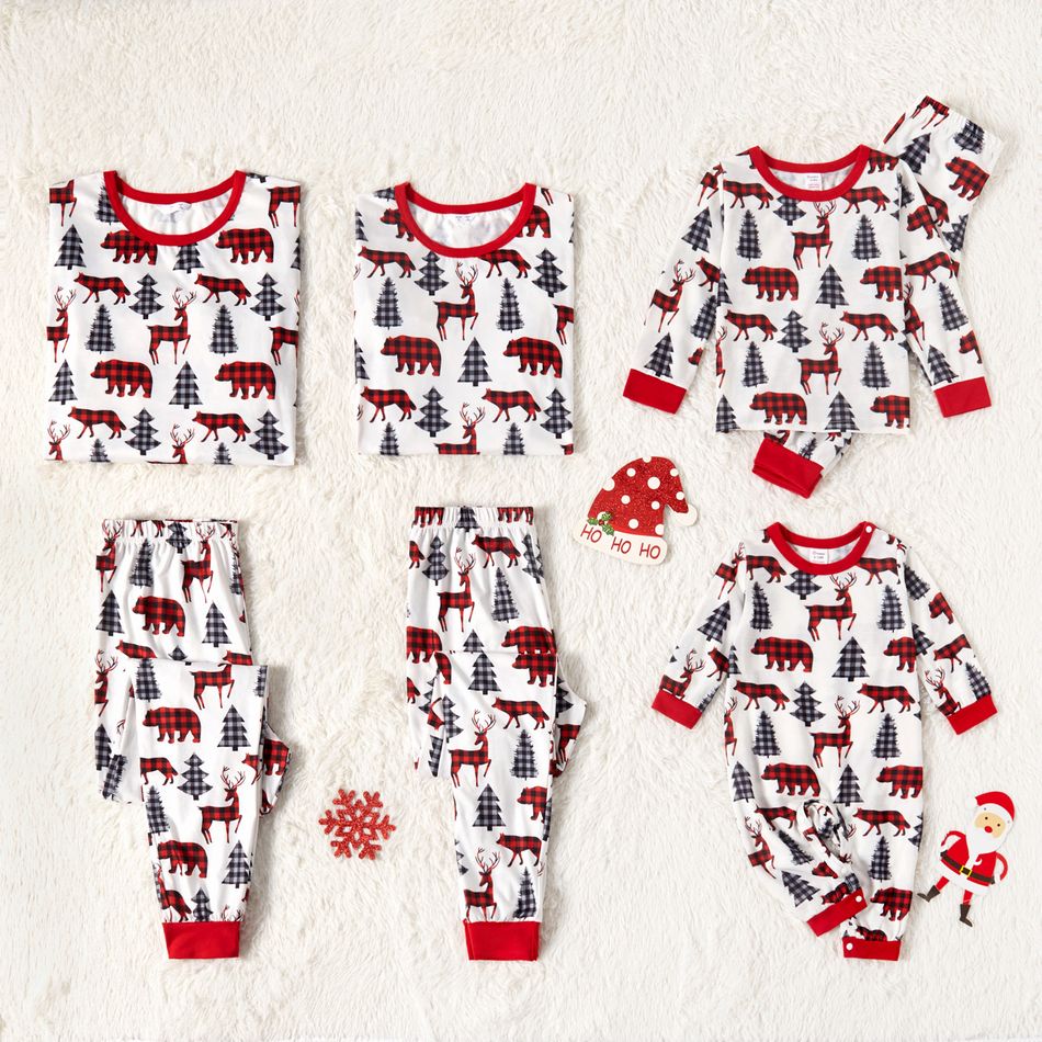 Christmas All Over Plaid Animal and Tree Print Family Matching Long-sleeve Pajamas Sets (Flame Resistant) Red/White