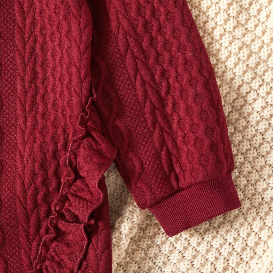 2-piece Kid Girl Ruffled Cable Knit Textured Sweatshirt and Black Leggings Set Burgundy big image 4