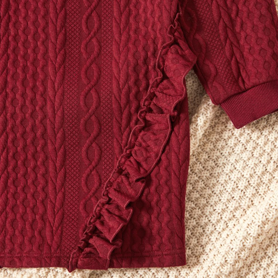 2-piece Kid Girl Ruffled Cable Knit Textured Sweatshirt and Black Leggings Set Burgundy big image 5