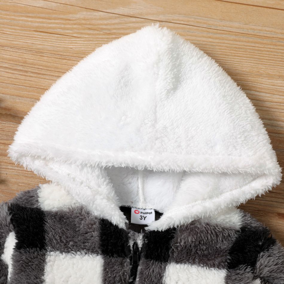 Toddler Girl Plaid Design Zipper Hooded Fluffy Jacket Coat White big image 3