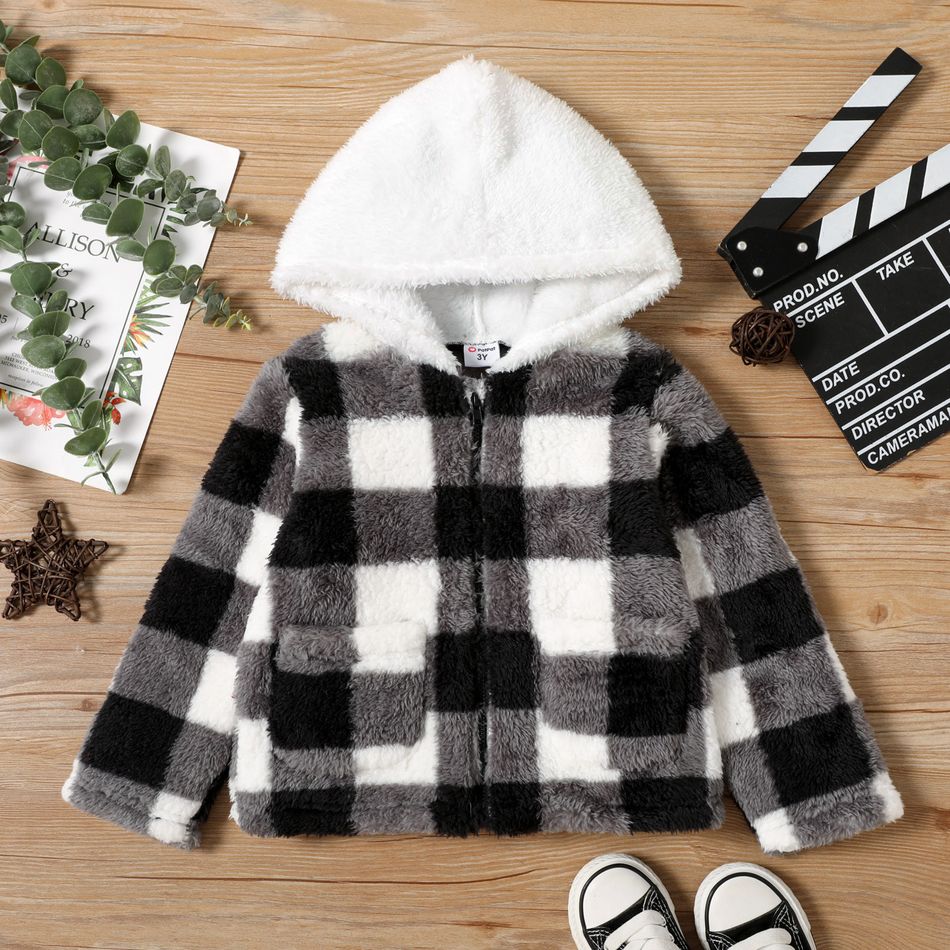 Toddler Girl Plaid Design Zipper Hooded Fluffy Jacket Coat White