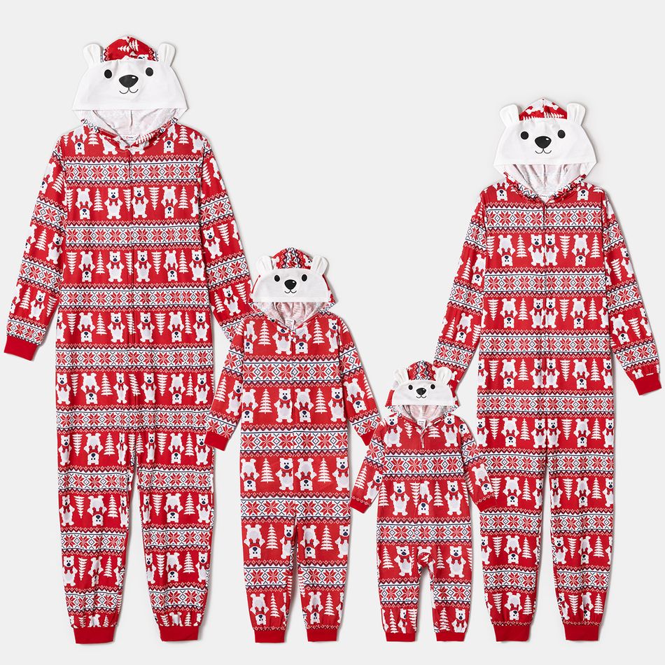 Christmas All Over Polar Bear Print Red Family Matching Long-sleeve Hooded Zip Onesies Pajamas Sets (Flame Resistant) Red