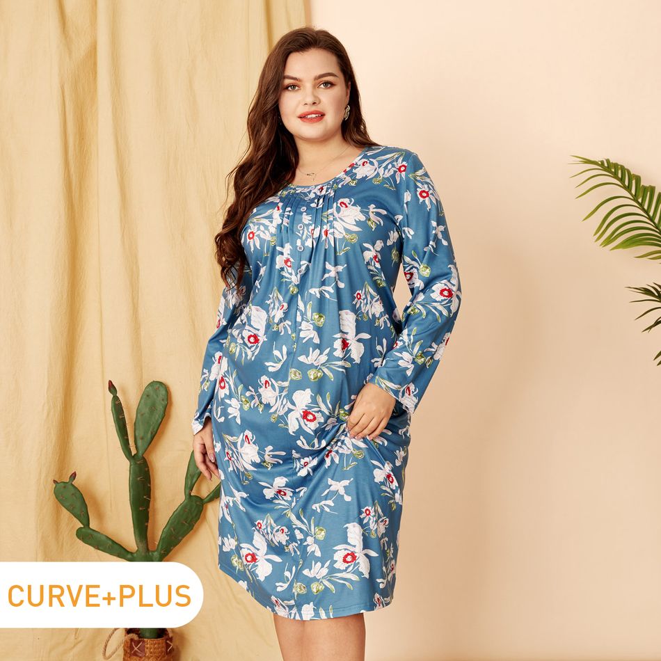 Women Plus Size Elegant Floral Print Round-collar Long-sleeve Dress Blue