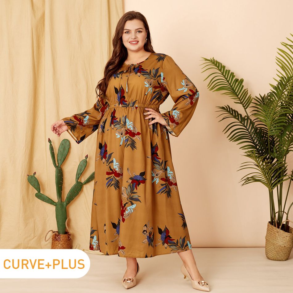 Women Plus Size Vacation Floral Print Tie Neck Long-sleeve Dress Ginger