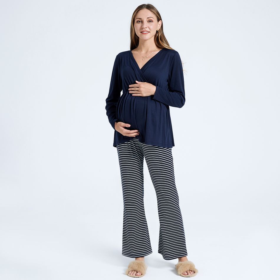 Nursing Stripe Print Dark Blue Long-sleeve Pajamas Dark Blue